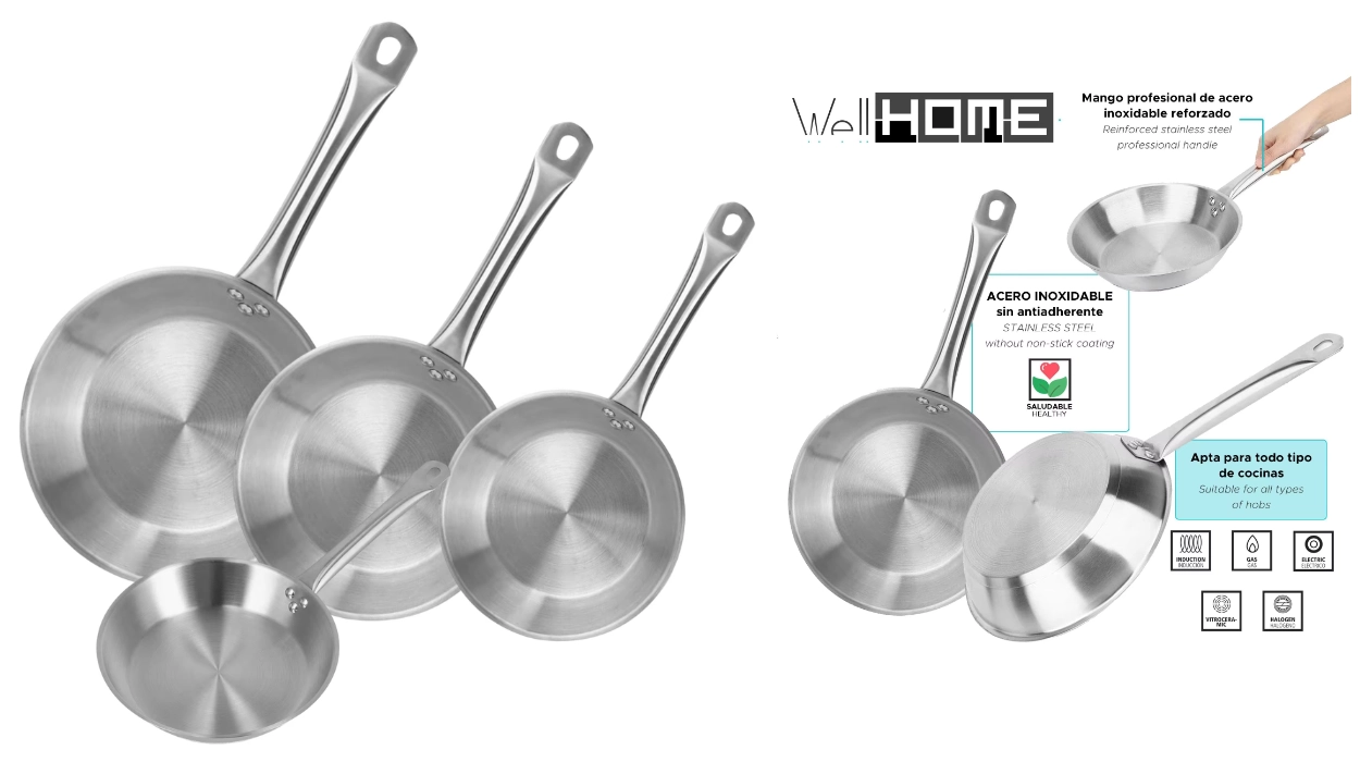 Disfruta de cocinar como un profesional con este juego de 3 sartenes de acero inoxidable Well Home por 28,67€ con cupón (-60%)