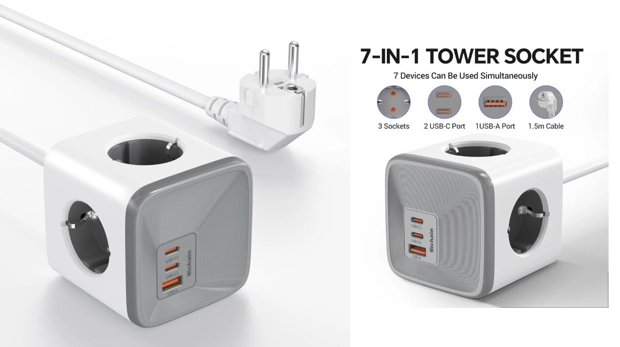 Regleta cubo Hichain con alargador, 4 tomas AC y 3 puertos de carga USB con protección GaN por sólo 9,99€ (71% de descuento)