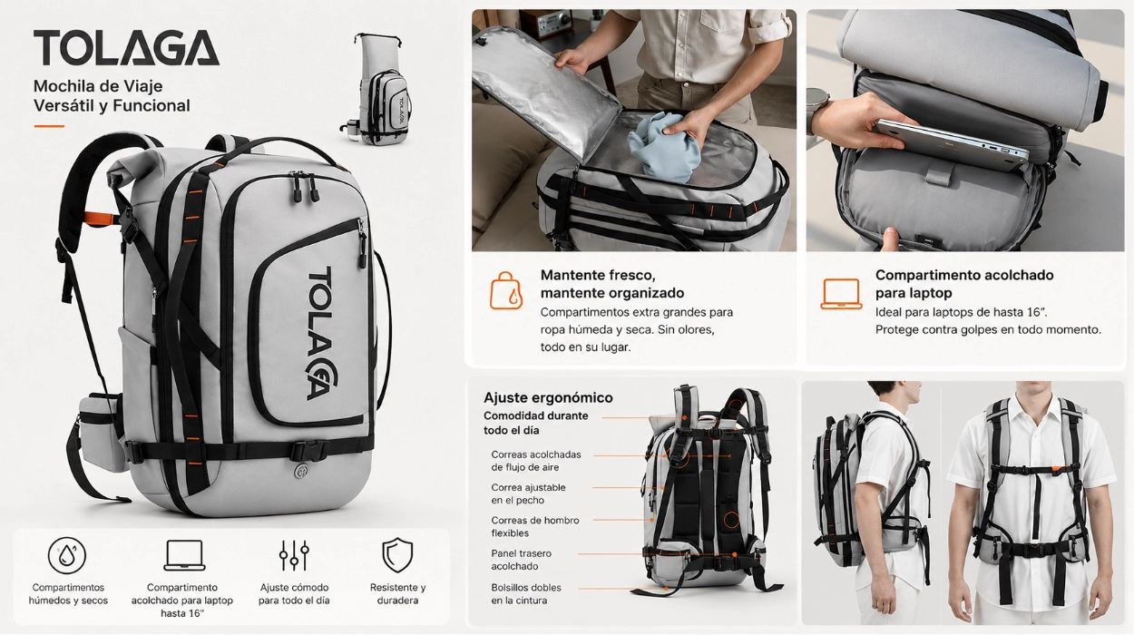 Chollo Mochila de viaje Tolaccea grande y expandible 40L-55L por sólo 34,99€ con descuento automático (-50%)