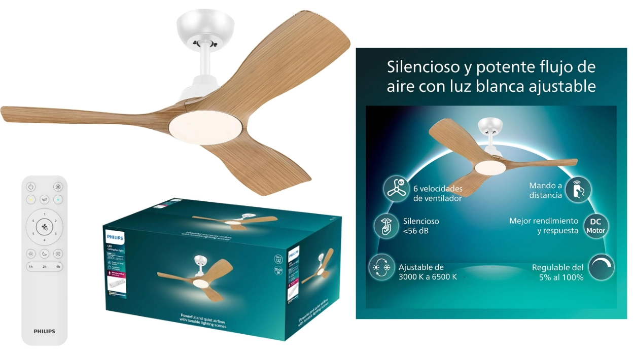 Refréscate en calma con el ventilador Philips Olas LED silencioso de luz ajustable por sólo 111,99€ con envío gratis (-30%)