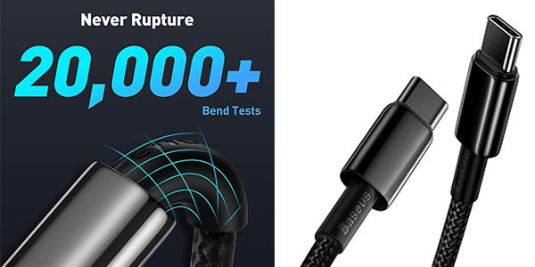 Chollo Cable Baseus USB C a USB C para carga rápida de 100W y 1 metro por solo 7,48€ (-32%)