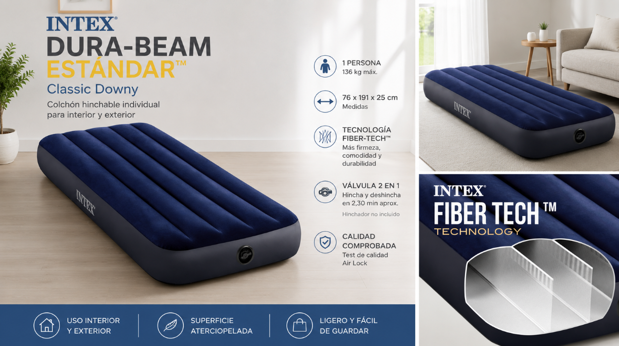 Colchón hinchable Intex Dura-Beam de 76 x 191 x 25 cm, cómodo y fácil de inflar por sólo 8,97€ (-25%)