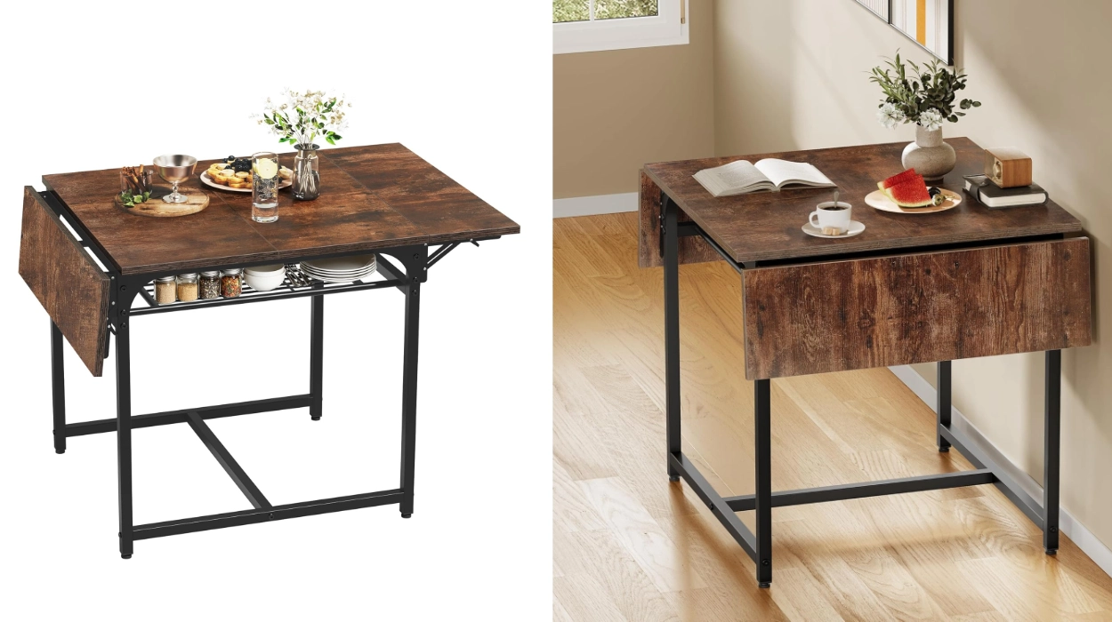 Ahorra espacio con estilo: mesa de comedor plegable Yitahome con estante y patas ajustables por sólo 59,99€ con envío gratis (-33%)