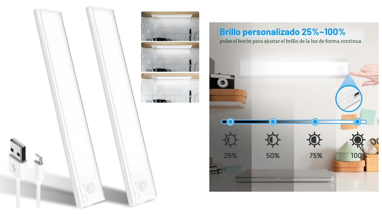 Pack x2 luces LED recargables con sensor de movimiento de 24 cm y 39 LEDs para cocina y armarios por sólo 11,74€ (-41%)
