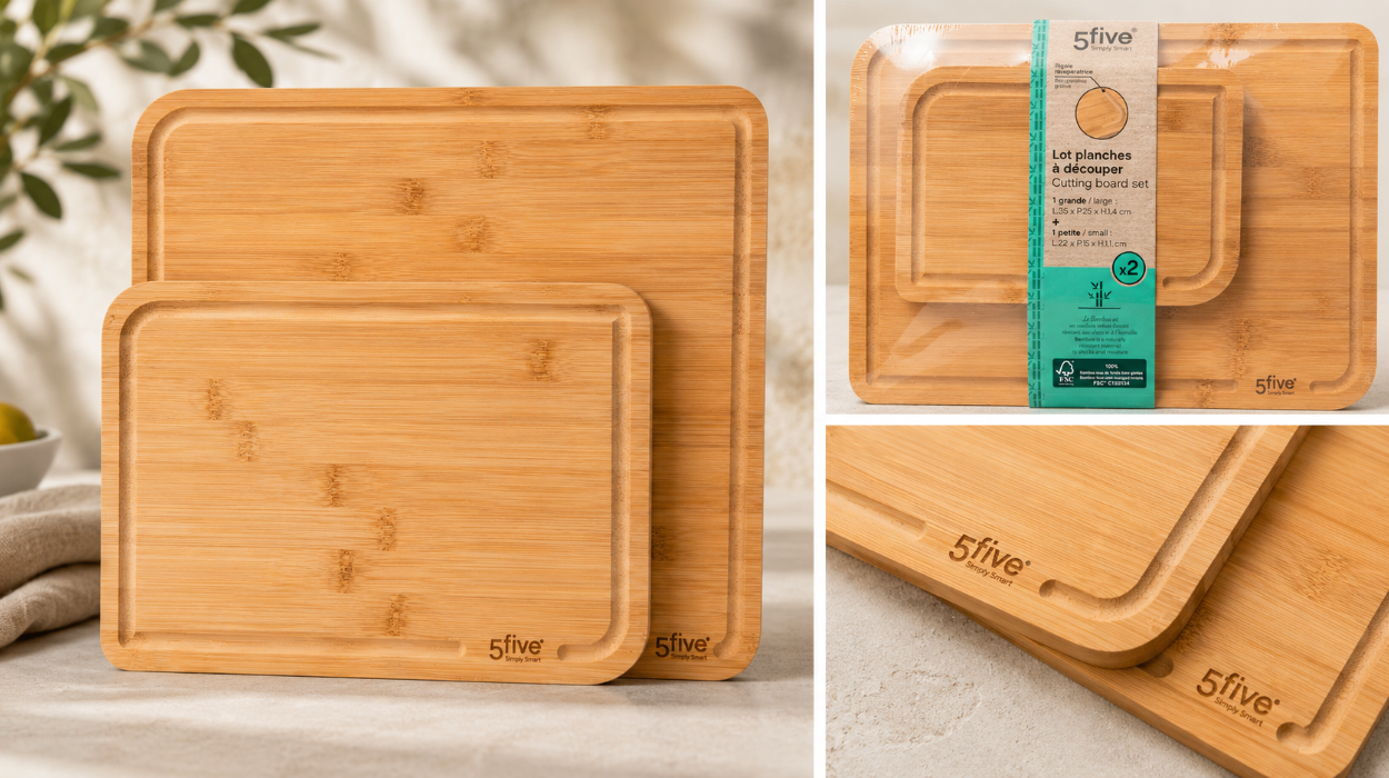 Pack x2 tablas de cortar 5five de bambú duradero y ranuras para jugos por sólo 7,99€ (-72%)