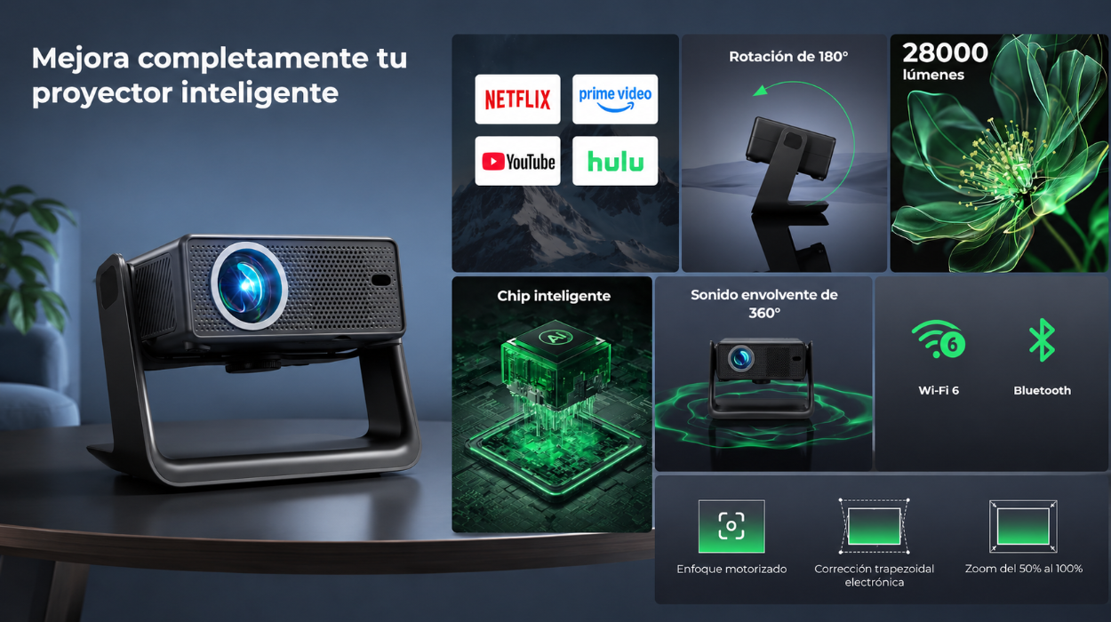 Proyector Einyoumily compatible con Netflix de 28000 lúmenes, con WiFi6 y Bluetooth para una experiencia envolvente por sólo 62,99€ con cupón y envío gratis (-21%)