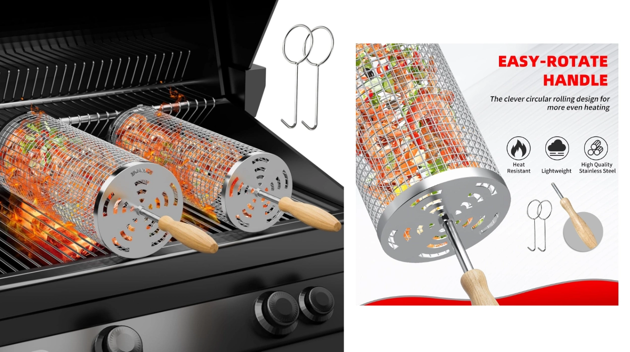 Set de 2 cestas para parrilla BBQ Juauo de acero inoxidable con mango de madera extraíble por sólo 12,21€ (-28%)