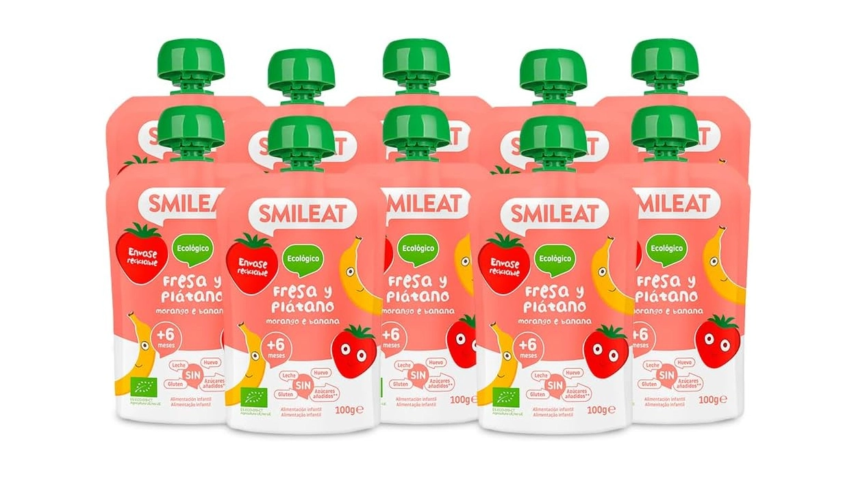 Pack de 10 pouches de frutas Smileat: fresa y plátano, sin sal ni azúcar añadido por sólo 9,12€ con cupón (-43%)