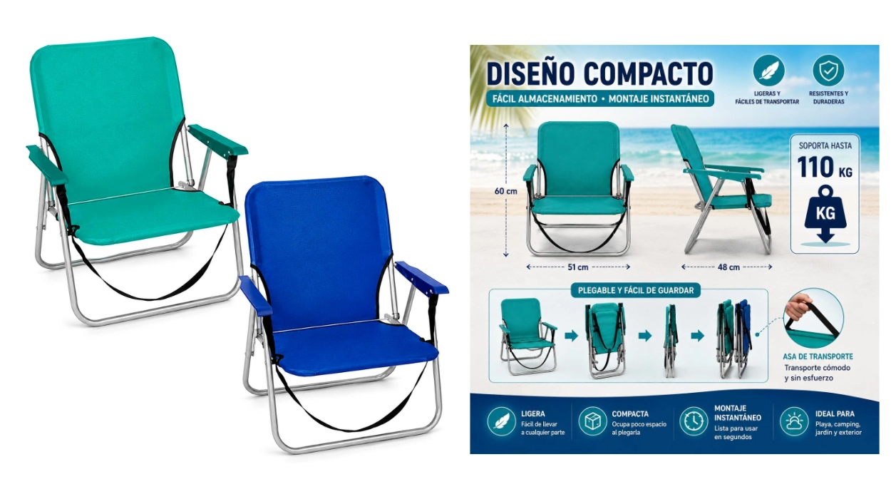 Pack de 2 sillas plegables ligeras y portátiles para playa camping o terraza por sólo 36,99€ con envío gratis (-26%)