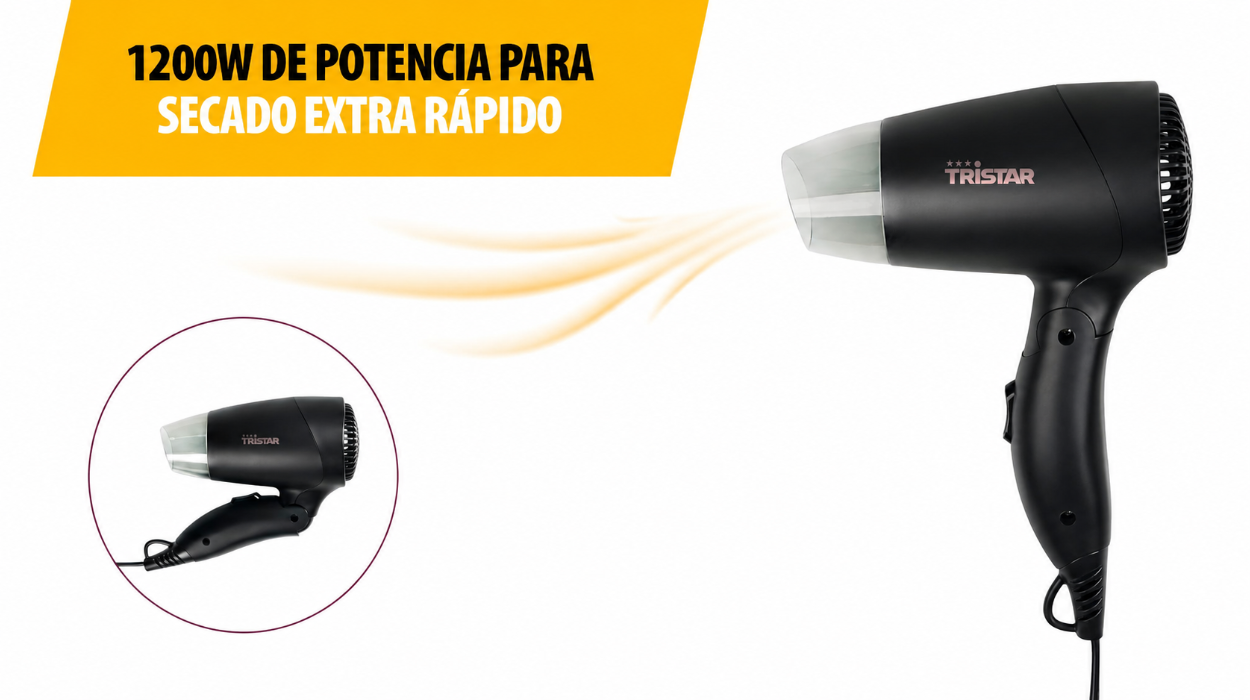Secador de viaje Tristar HD-2460 con mango plegable y 1200 W por sólo 9,99€ (-17%)