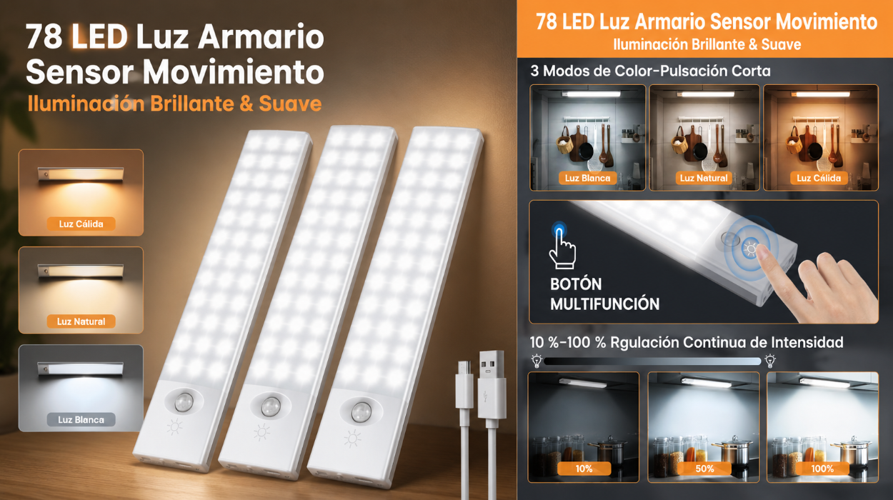 Pack x3 Luz LED recargable con sensor de movimiento para armarios, cocina y garaje por sólo 11,39€ (-43%)