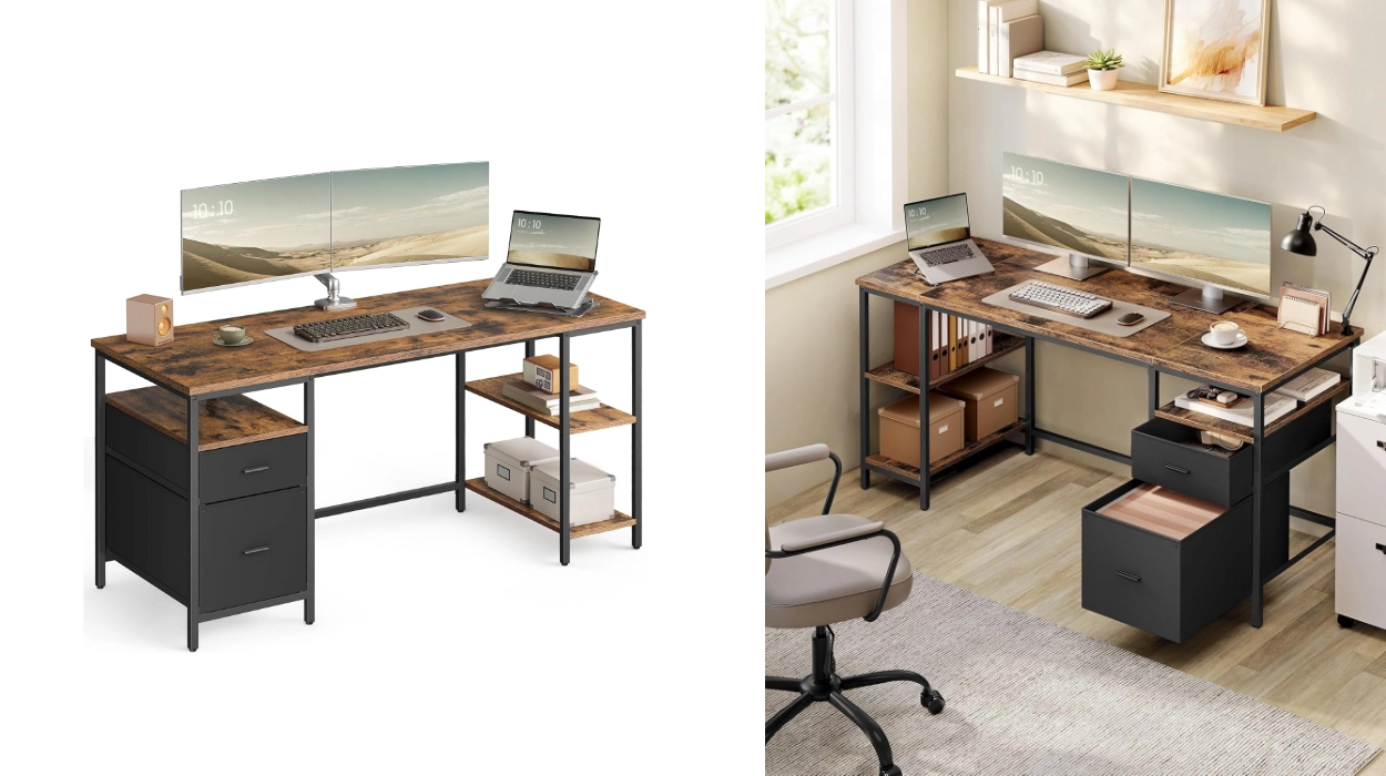 Escritorio Vasagle con 3 estantes y 2 cajones en marrón rústico y negro mate 60 x 160 x 76 cm por sólo 79,73€ con envío gratis (-25%)