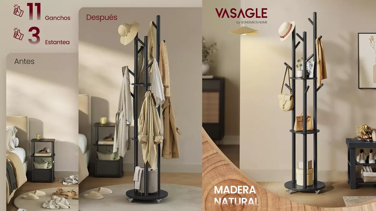 Adiós al caos al entrar en casa con el perchero de pie Vasagle con 11 ganchos y 3 estantes por sólo 39,99€ con envío gratis (-20%)