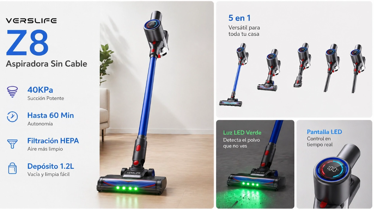 La aspiradora escoba con luz verde que detecta el polvo que no ves: VersLife Z8 potente y sin cable por menos de 66€ (40% de descuento)