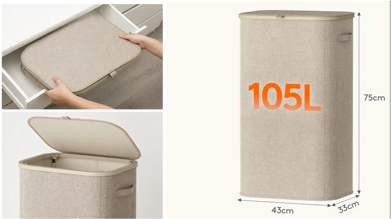 Espacio ordenado y libre de olores con el cesto para la ropa sucia Lifewit de 105L, plegable con bolsa extraíble y tapa por sólo 16,99€ (-15%)