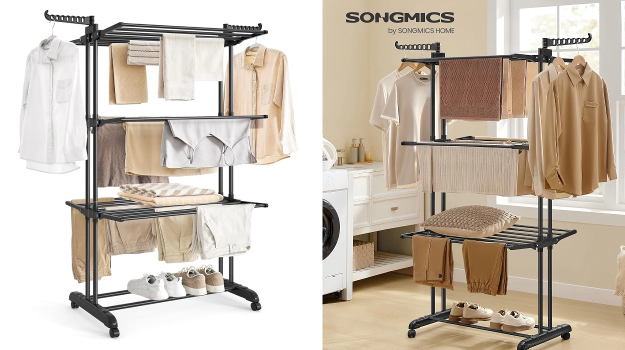 Si te falta espacio, este tendedero Songmics de 4 niveles de gran capacidad aprovecha la altura, es plegable y se mueve con ruedas por menos de 23€