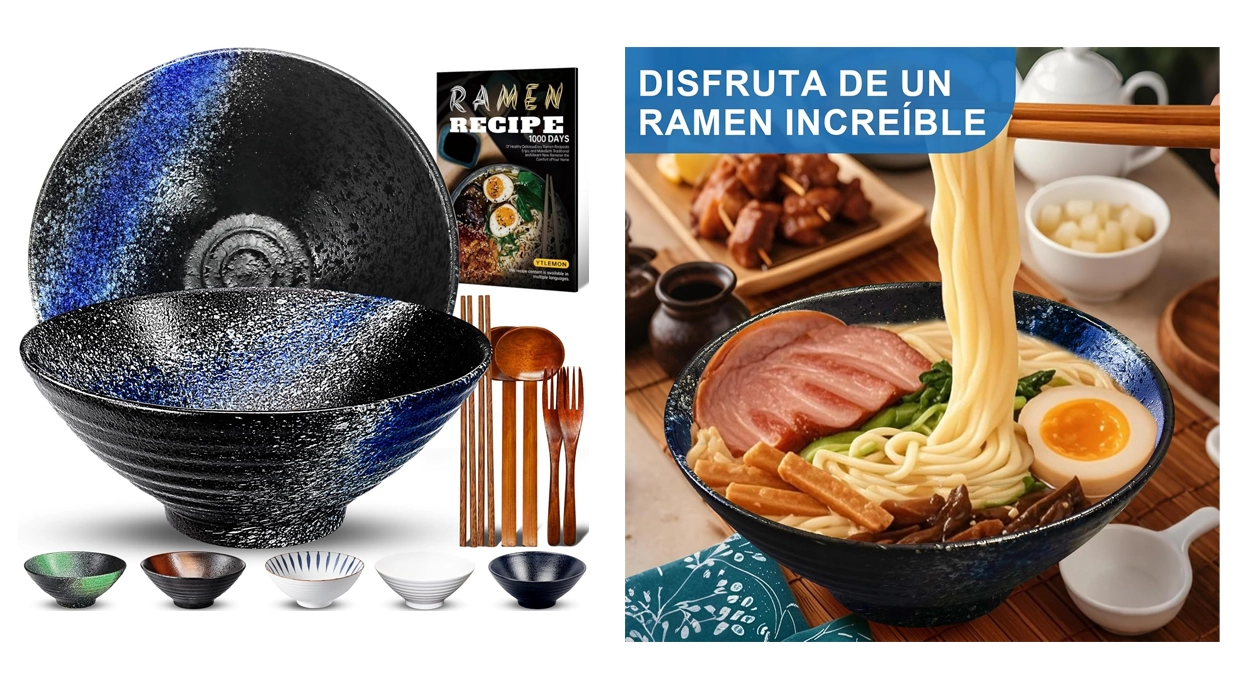 Disfruta de tus recetas asiáticas en casa con este juego de 2 tazones para Ramen con accesorios a un precio de chuparse los dedos