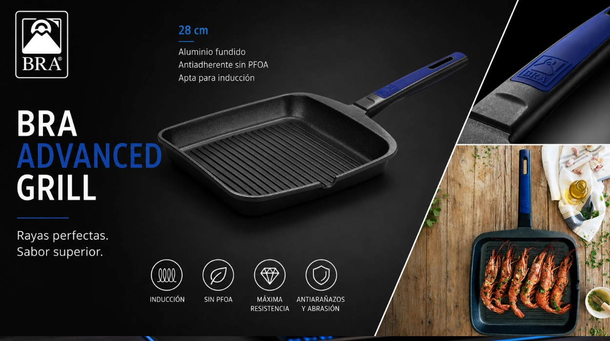 Antiadherente, sin PFOA y de gran resistencia: Grill BRA Advanced 28 cm de aluminio fundido a precio mínimo en Amazon