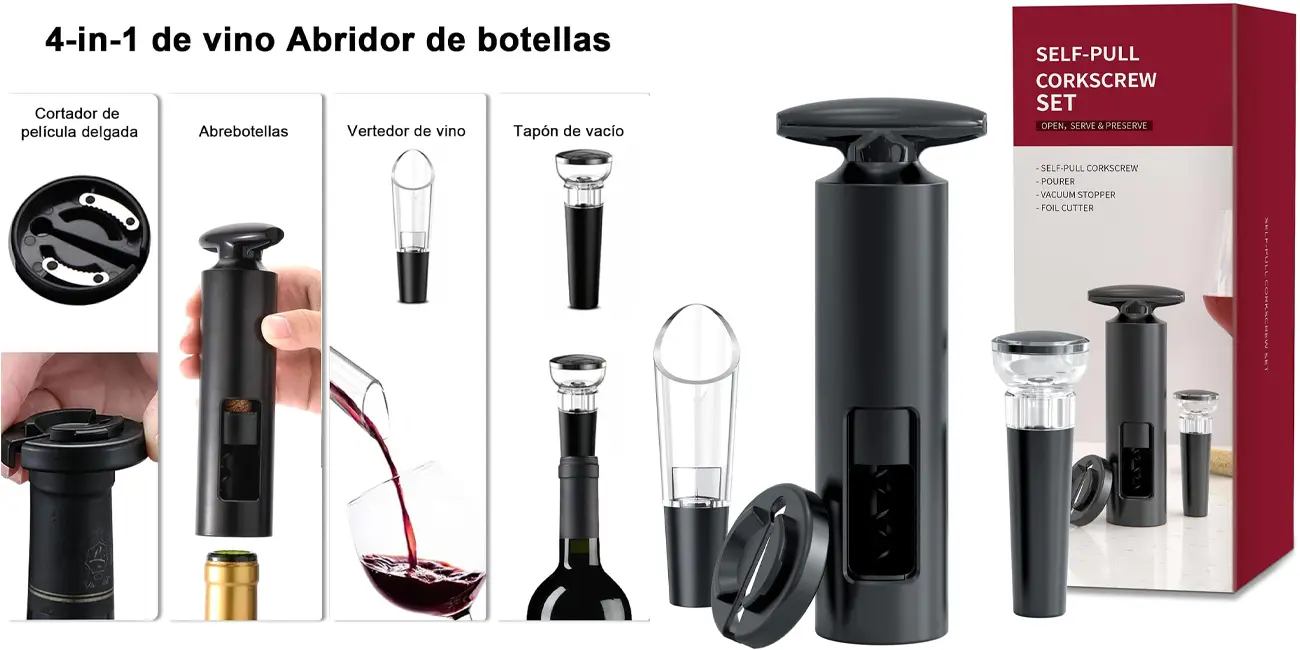 Chollo Juego de abridor de vino manual 4 en 1 con vertedor, cortador de papel y tapón de vacío por sólo 5,75€ (-42%)