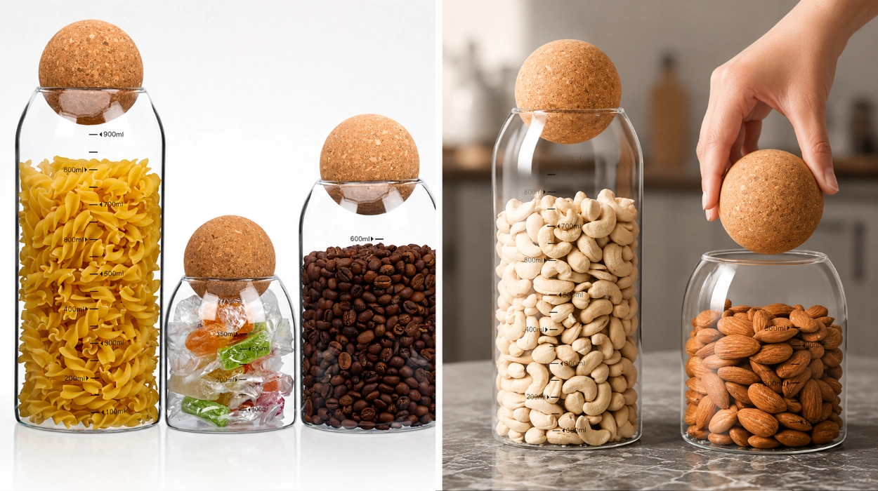 Orden y estilo con los tarros Belle Vous: vidrio resistente, tapa de corcho hermética y 500-1000 ml de capacidad por sólo 12,09€ (36% de descuento)