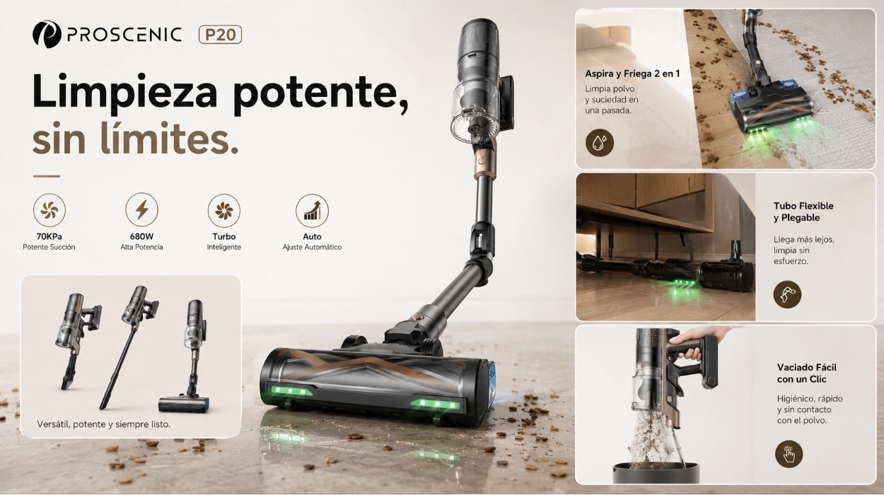 De las aspiradoras más potentes sin cable: Proscenic P20+ de 70kPa con 70 min y función fregado por sólo 154,99€ (-18%)
