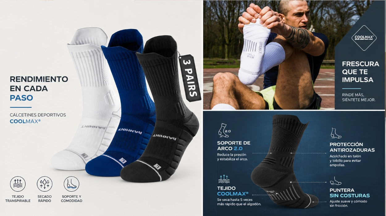 Chollo Pack de 3 pares de calcetines de running Rahhint Coolmax anti-ampollas con soporte en el arco por sólo 17,01€ (-43%)