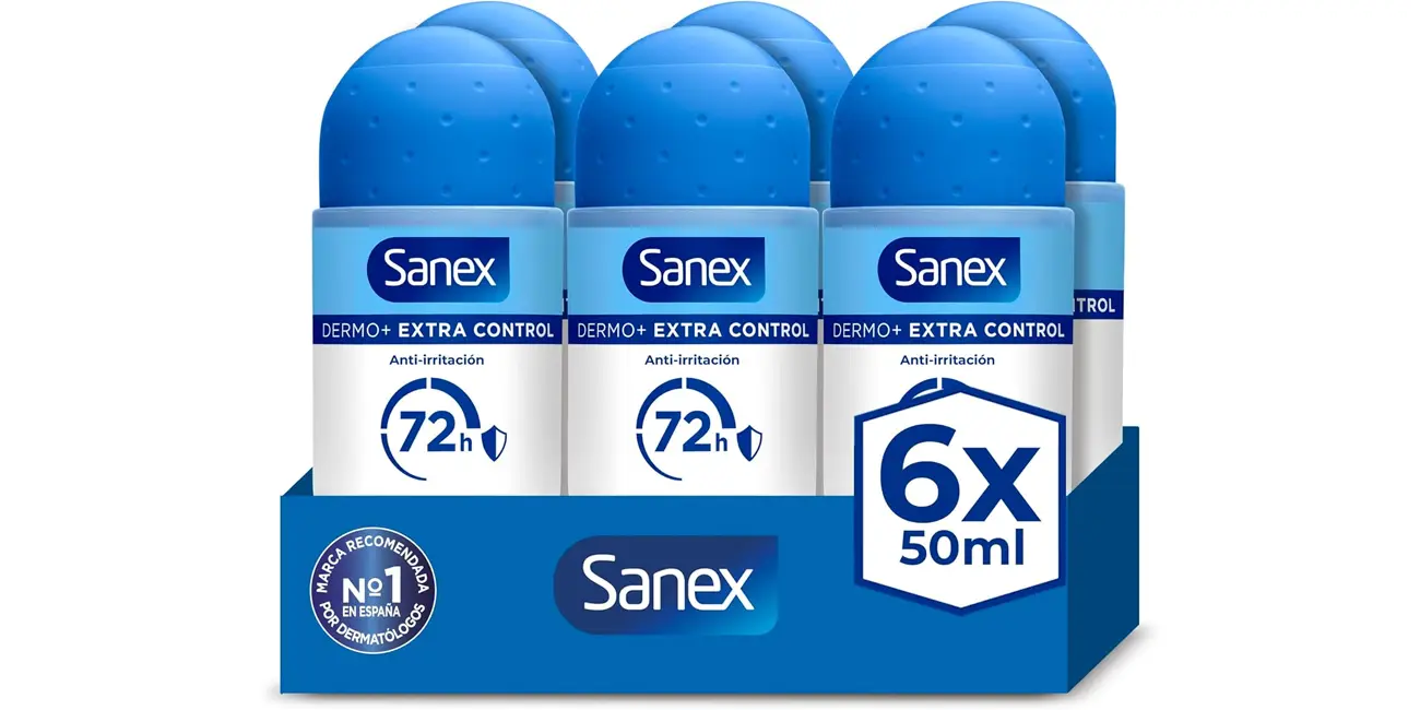 Chollo Pack 6x desodorante roll-on Sanex Dermo+ Extra Control de 50 ml por sólo 9,17€ (-35%)