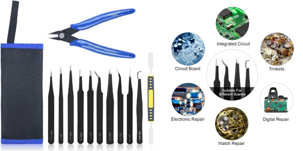 Chollo Set x12 Pinzas de precisión anti-estática con alicates por sólo 9,92€ (-10%)