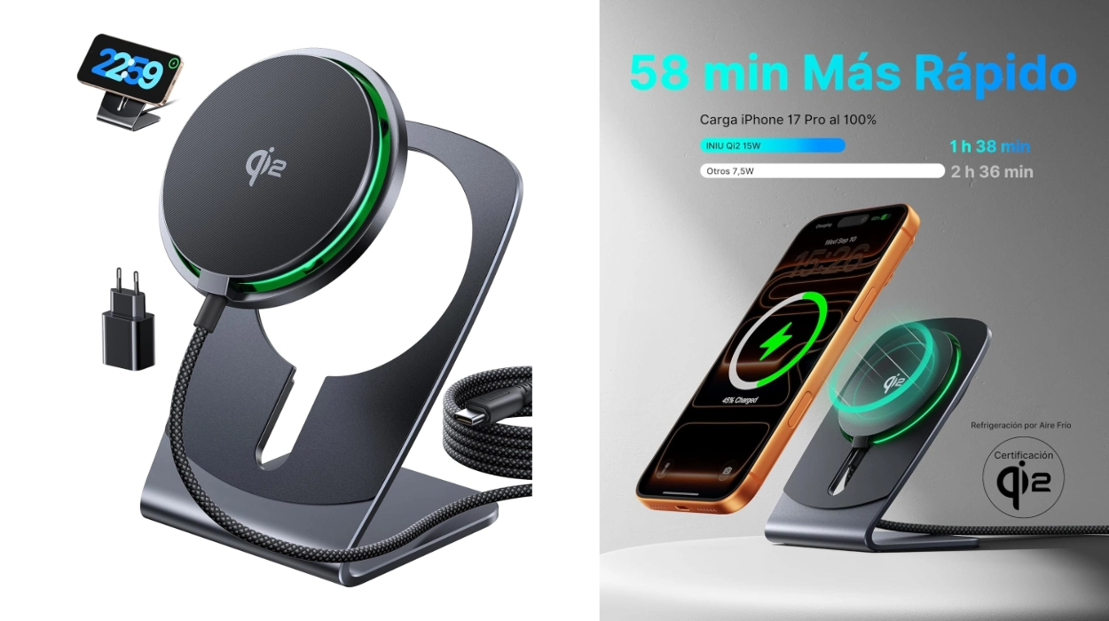 Carga rápida y segura con el cargador inalámbrico INIU iPhone 15W y soporte desmontable por menos de 27€