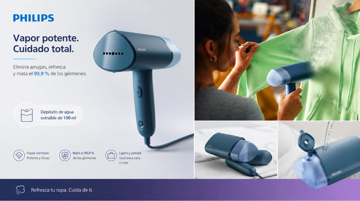 Elimina arrugas en segundos con la plancha vertical Philips Serie 3000, compacta y segura por sólo 25€ (37% de descuento)