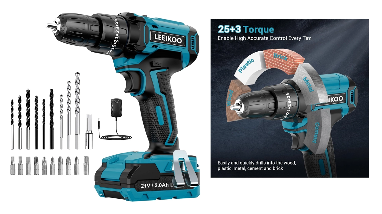 Chollo Taladro percutor Leeikoo 21V con batería y 24 accesorios por sólo 26,99€ con cupón (-50%)