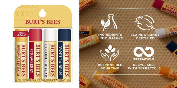Chollo Set Burt’s Bees de 4 bálsamos labiales de cera de abeja por sólo 5,69€ con envío gratis (54% de descuento)