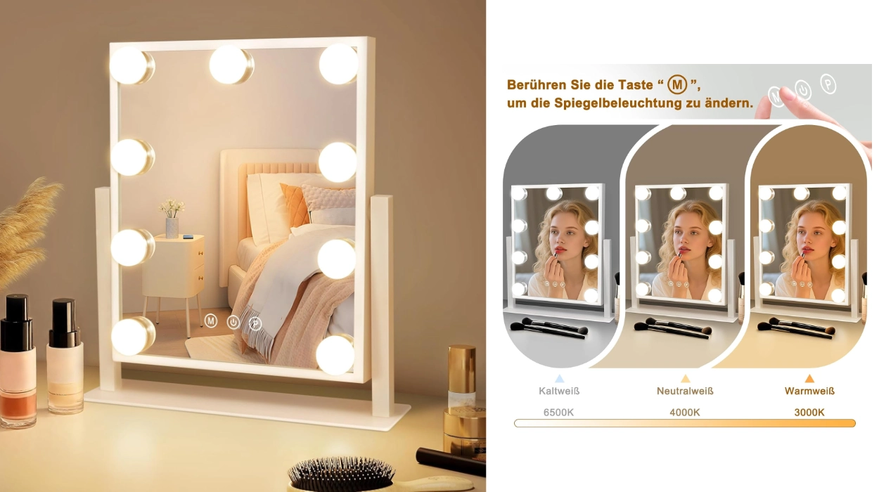 Iluminación óptima con el espejo de maquillaje Hollywood: 9 LEDs, 3 modos y rotación 360º por sólo 26,99€ (31% de descuento)