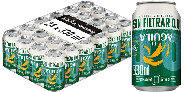 Chollo Pack de 24 latas de cerveza sin alcohol El Águila Sin Filtrar 0.0 por sólo 15,60€ (-21%) ¡0,65€ cada una!
