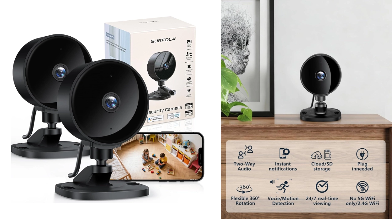 Pack de 2 cámaras de vigilancia Surfola WiFi de 1080P para interiores con visión nocturna y detección de movimiento por sólo 21,49€ (-28%)