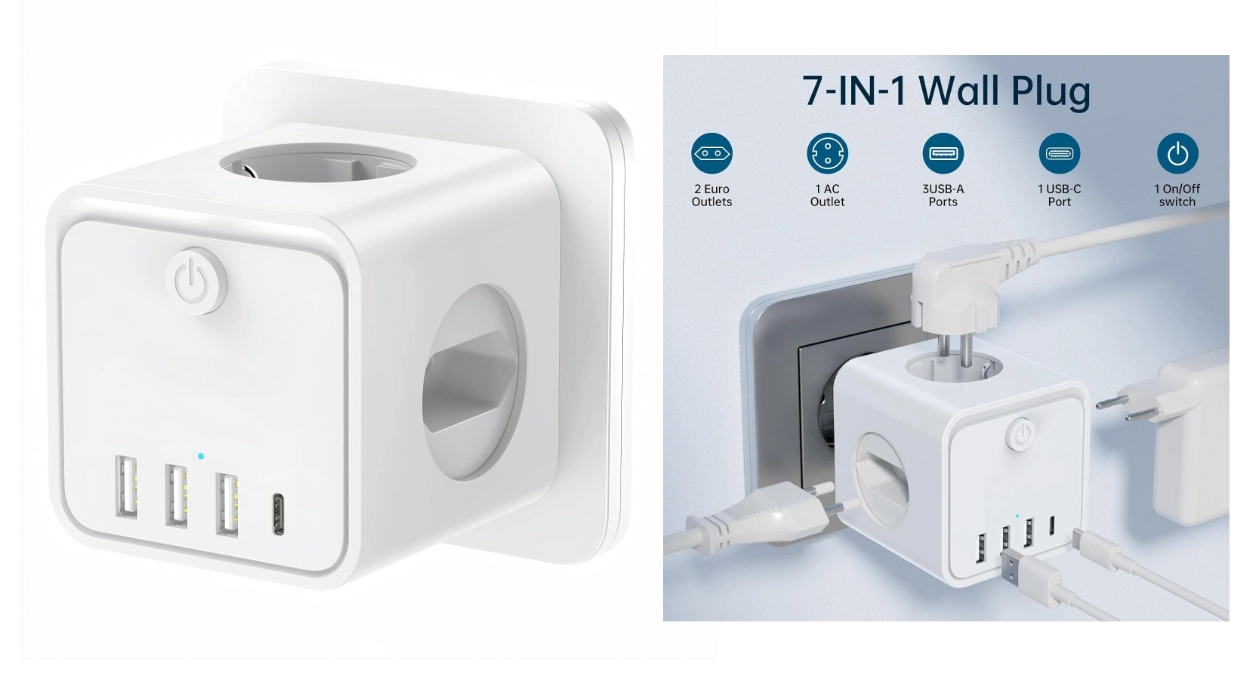 Ladrón enchufes 7 en 1 con USB y toma Schuko para hogar u oficina por sólo 9,99€ (-50%)