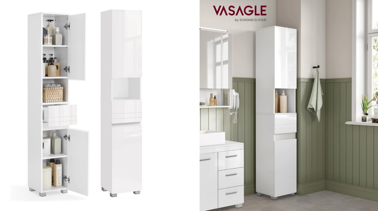 Un baño organizado con el armario alto Vasagle: cajón y estantes ajustables por sólo 63,99€ con envío gratis (-20%)
