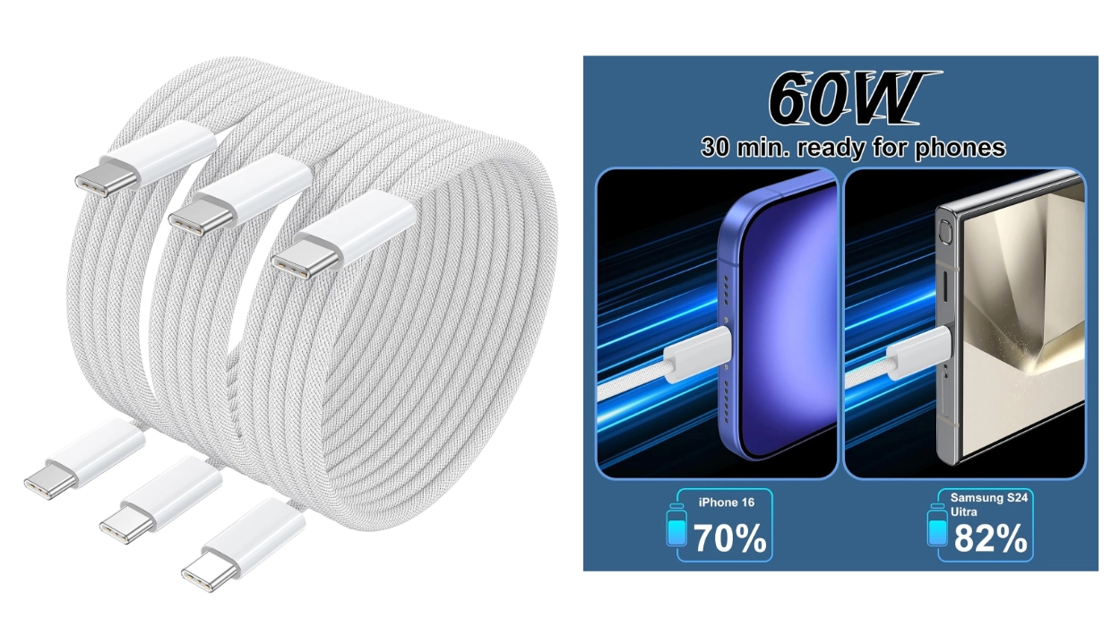 Pack de 3 cables USB.C a C de 2 metros y 60W para carga rápida compatible con iPhone, MacBook, Galaxy y más por sólo 7,59€ (-31%)