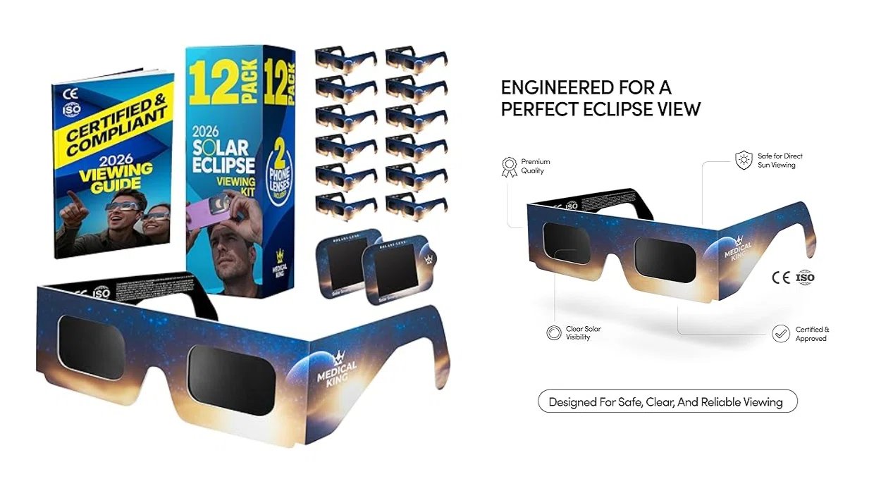 Pack x12 gafas para eclipse solar homologadas con 2 lentes fotográficas para smartphone, cert. ISO 12312-2 y CE por sólo 9,99€ (-29%)