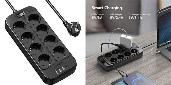 Chollo Regleta JSVER con 8x enchufes Schuko, 3x USB, USB-C e interruptor por sólo 16,99€ (15% de descuento)