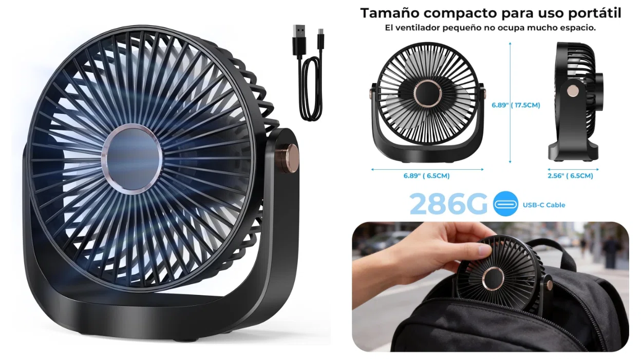 Ventilador de mesa portátil DDHTSAL con batería de 3000mAh, 5 velocidades, luz nocturna y rotación de 360° por sólo 9,99€ (-50%)