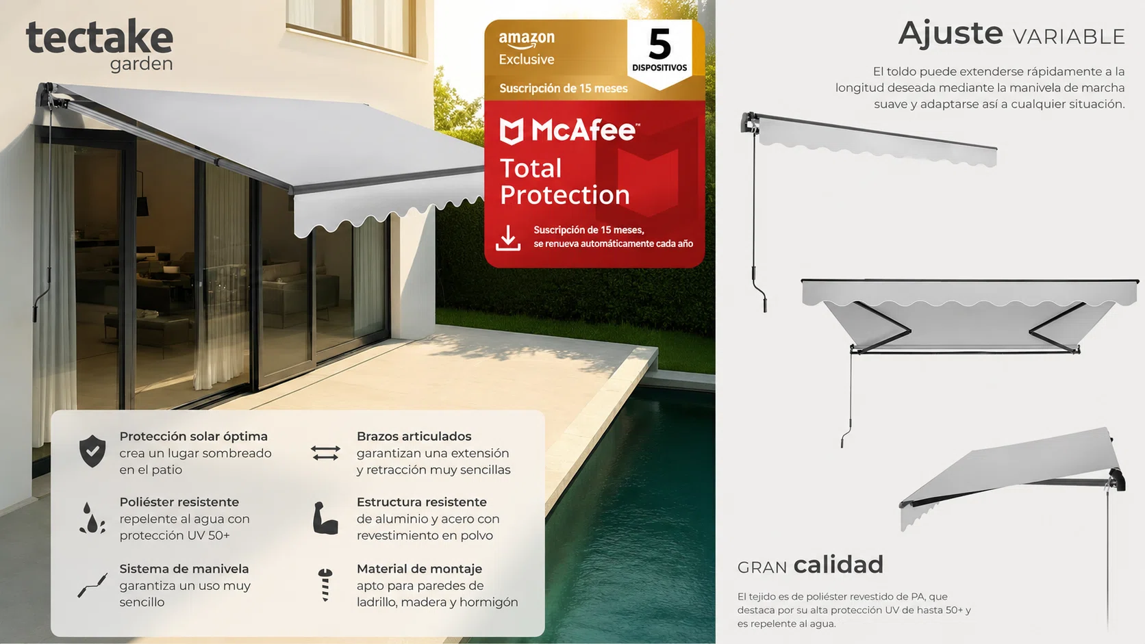 Toldo retráctil tectake: sombra rápida con brazos articulados y estructura robusta de aluminio, 300×250 cm por sólo 126,79€ con envío gratis (-21%)