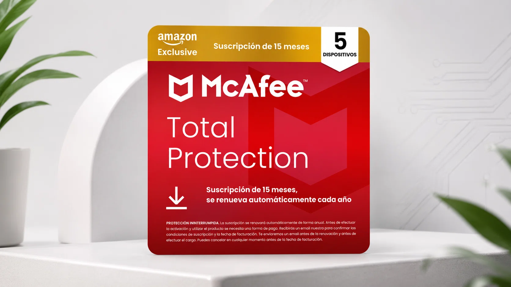McAfee Total Protection para 5 dispositivos: seguridad integral por 15 meses por sólo 21,49€ (-78%)