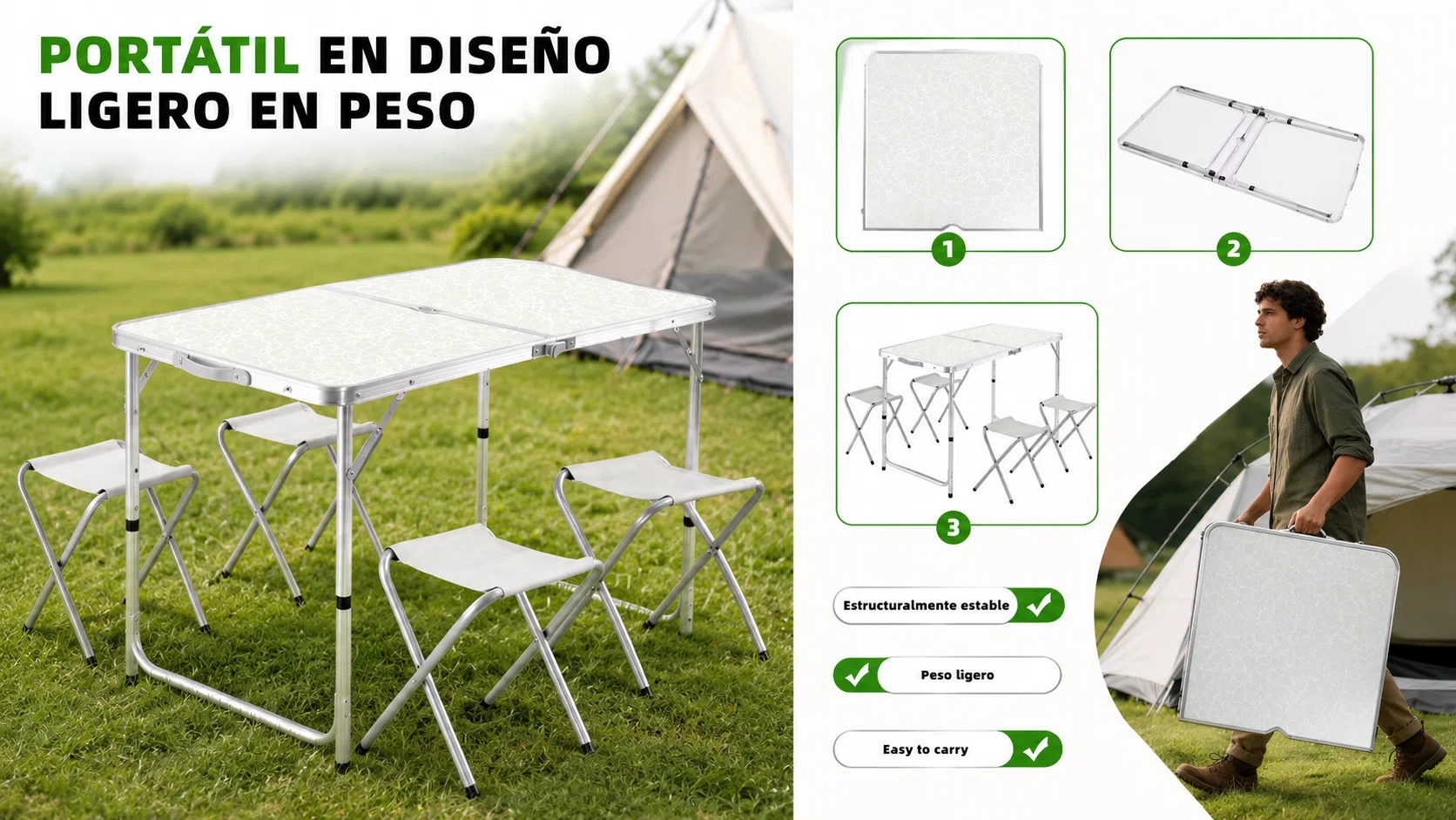 Mesa de camping plegable tipo maletín: ligera, con taburetes y altura ajustable por sólo 23,30€ con cupón y envío gratis (-65%)