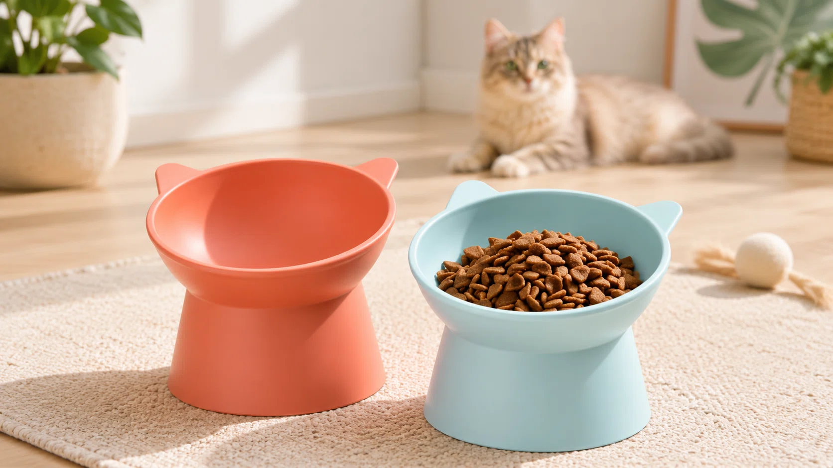Comederos elevados para gatos Amazon Basics con forma de oreja de gato, pack de 2 en naranja y azul por sólo 8,54€ (-25%)