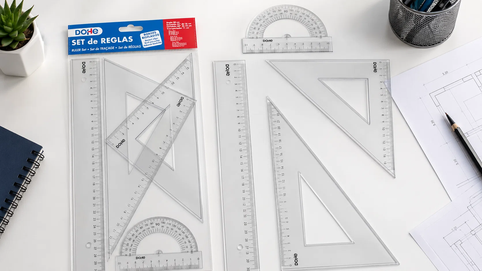 Pack de reglas escolares Dohe: regla 30 cm, escuadra, cartabón y transportador por sólo 3,80€ (-34%)