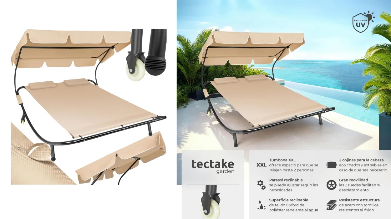 Tu nuevo rincón favorito: tumbona doble Tectake para jardín o piscina con ruedas por sólo 79,79€ con envío gratis (-24%)