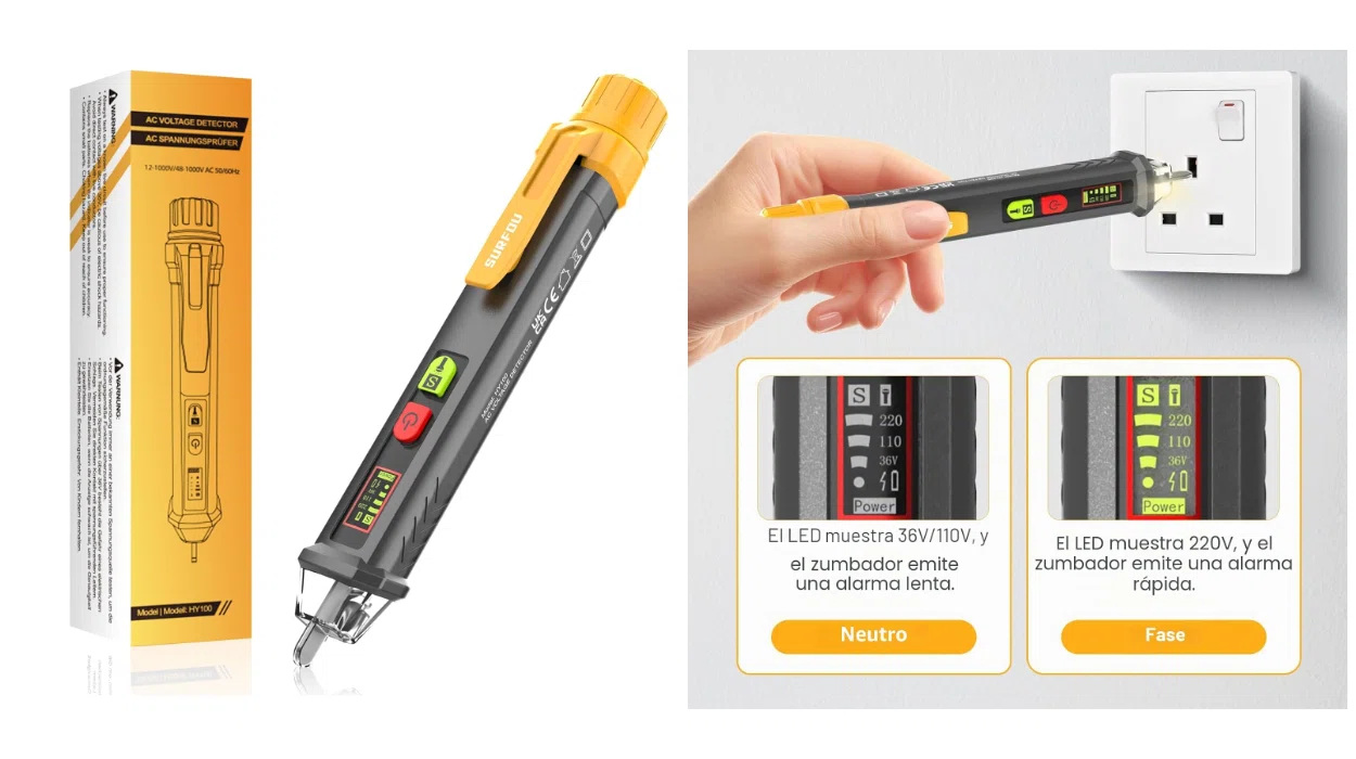 Detector de voltaje sin contacto SURFOU AC 12V/48V-1000V con linterna LED y alarma para electricistas por sólo 7,46€ (-43%)