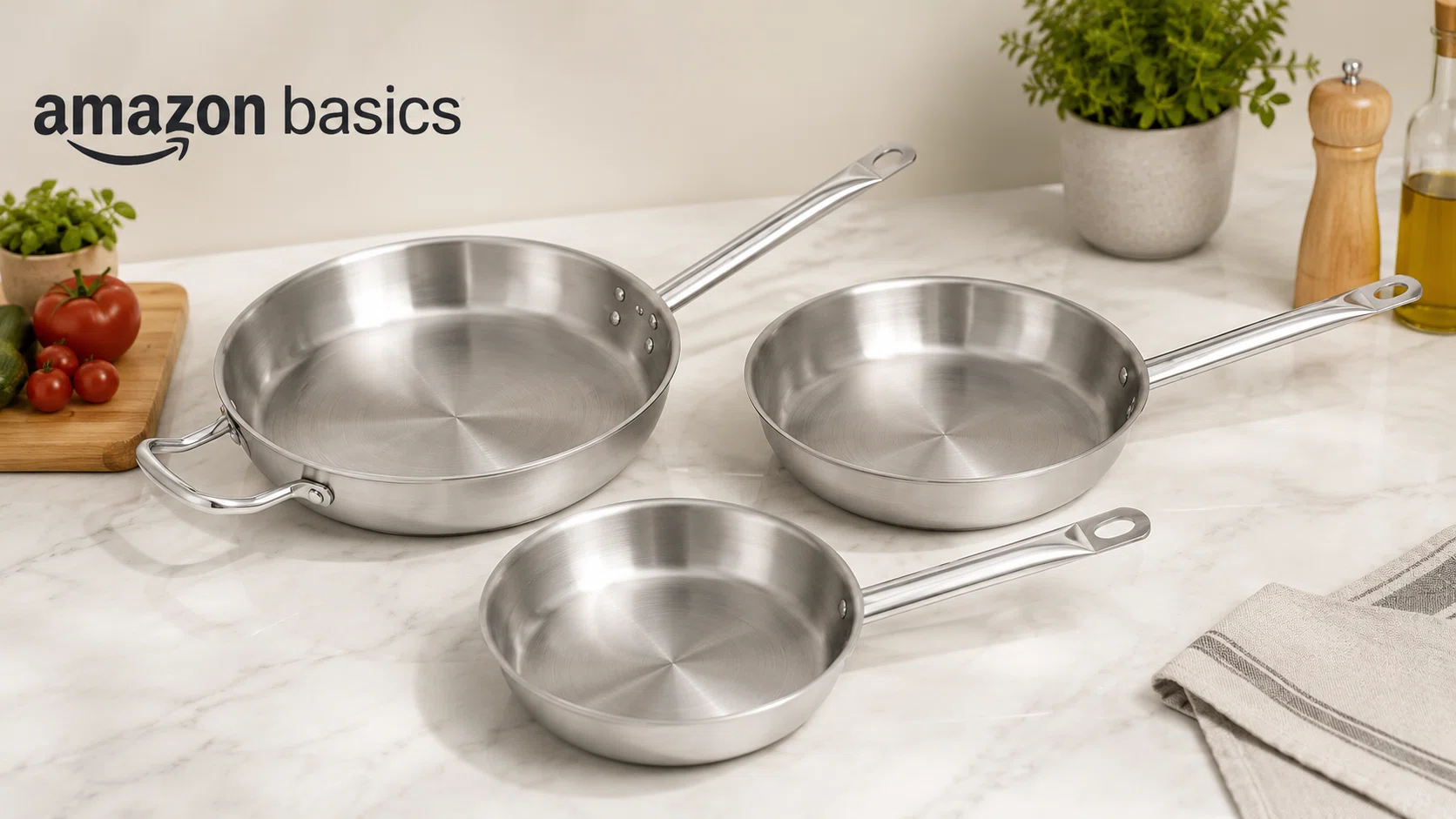 Juego de 3 sartenes Amazon Basics de acero inoxidable y aluminio, aptas para horno y lavavajillas por sólo 49,99€ con envío gratis (-14%)