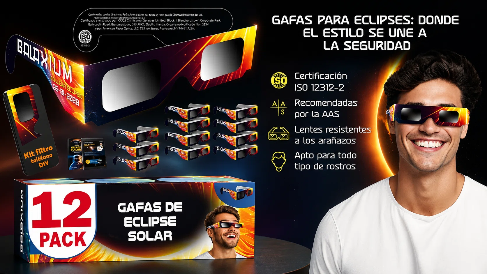 Pack x12 Gafas Galaxium para eclipse solar, homologadas ISO 12312-2 y seguras para observación directa por sólo 9,45€ (-21%)